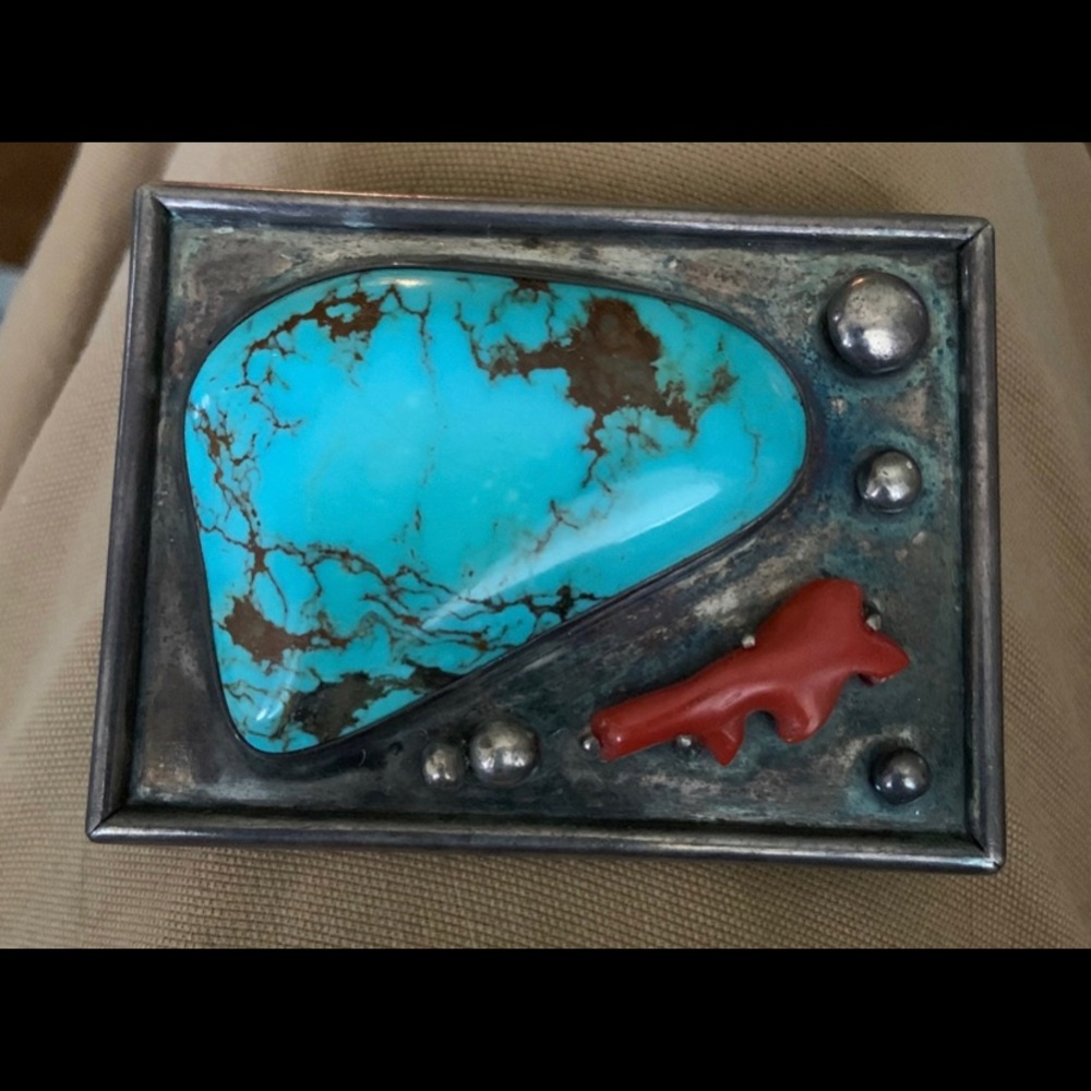Huge Turquoise and Coral Belt Buckle
Vintage